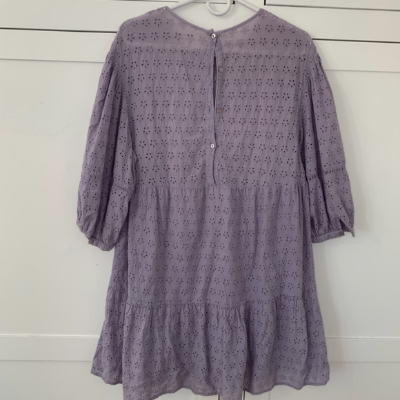 ASOS Pull & Bear Purple Eyelet Floral Puff Sleeve Tiered Dress - Picture 3 of 4